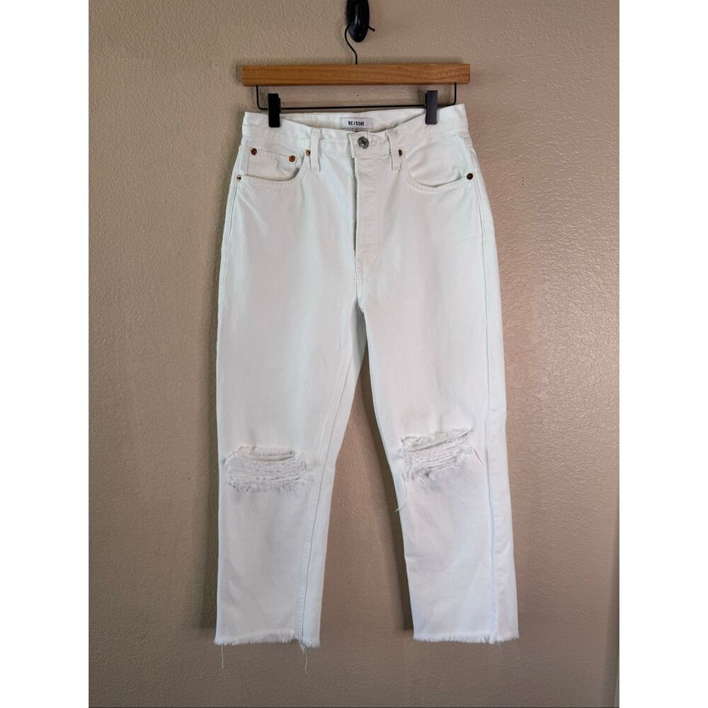 Re/Done 70s Stove Pipe Jeans Womens 27 White Distressed Denim Cropped Raw Hem